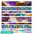 A collection of UV DTF elements with a geometric pattern in blue, purple, and gold colors designed for use with 20oz skinny tumblers.